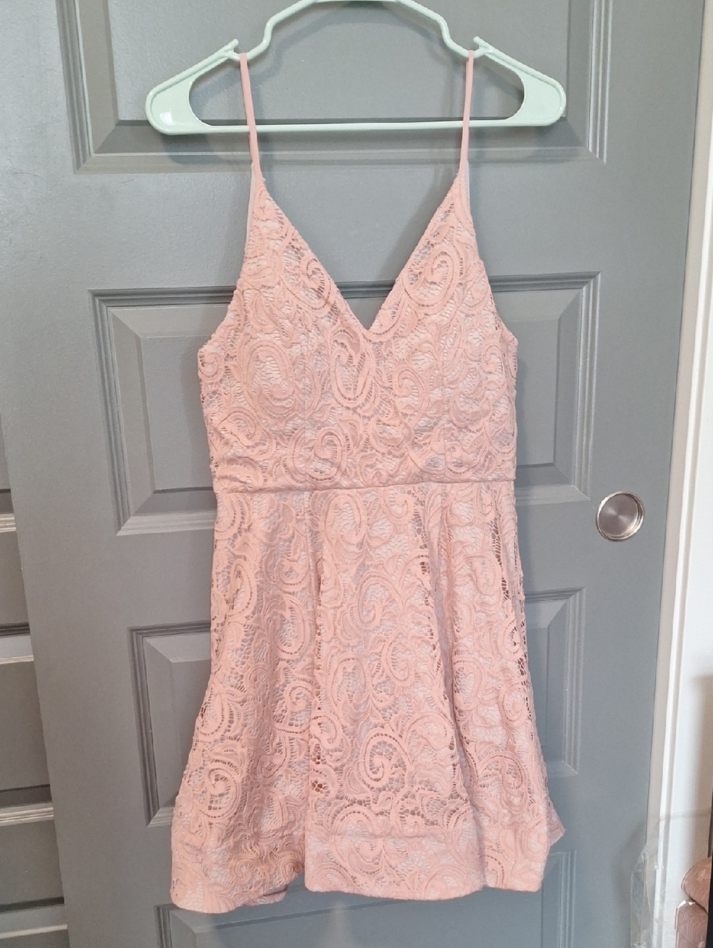Sequin Hearts pink lace v-neck, a-line dress
